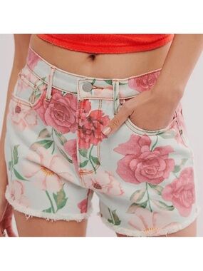 Driftwood Goldie 100% Cotton Floral Print Mid Rise Fray Hem Shorts Size 30